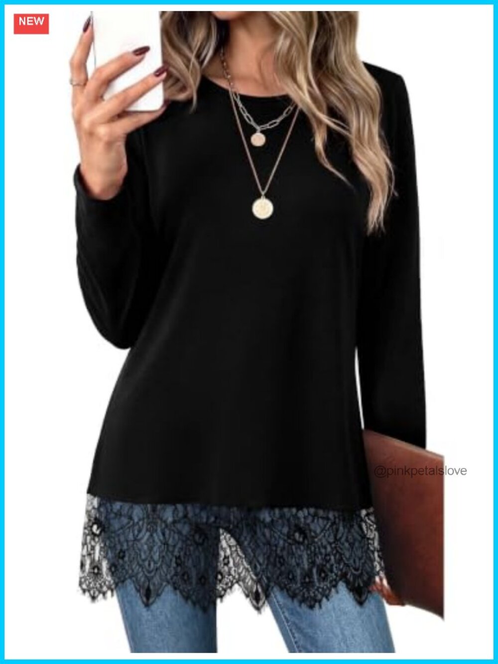 Lace Hem Tunic Top Long Sleeve Crew Neck Flowy Fit Women's Casual Shirt